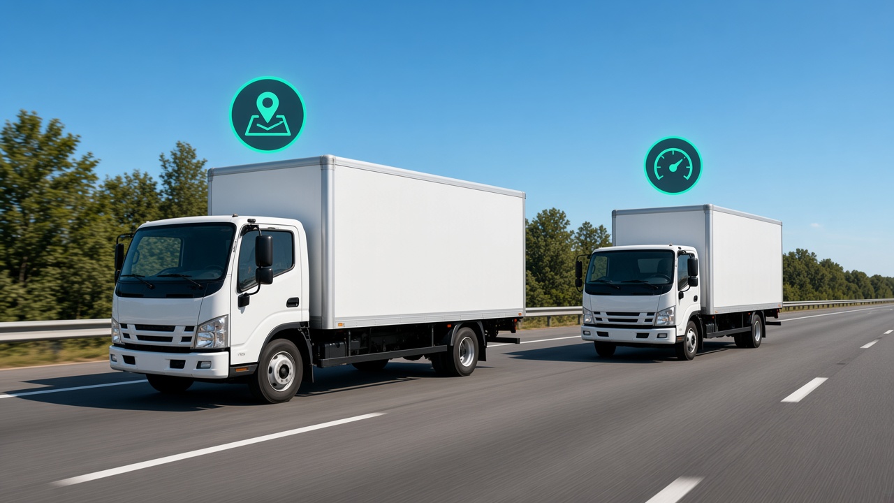 Trucks on a highway with a map pin and speed icon