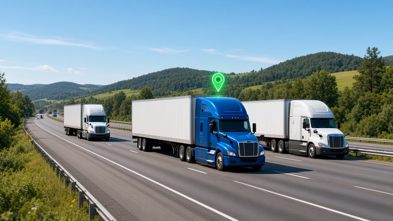 Trucks on a highway with a location marker