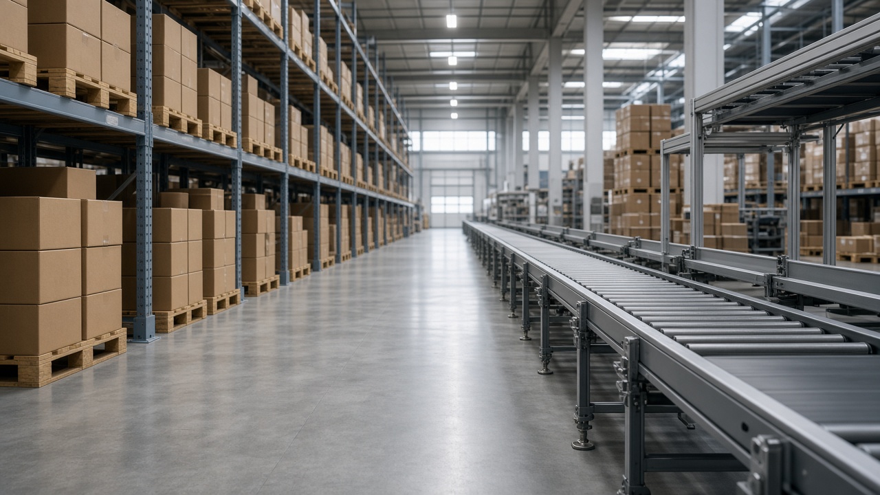 Warehouse aisle and conveyor